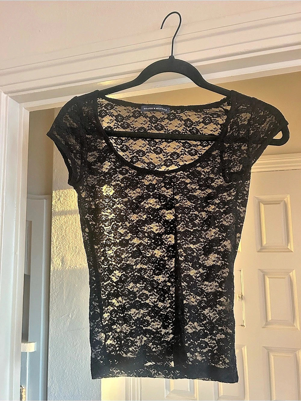 Brandy Melville Black Lace Short Sleeve Top